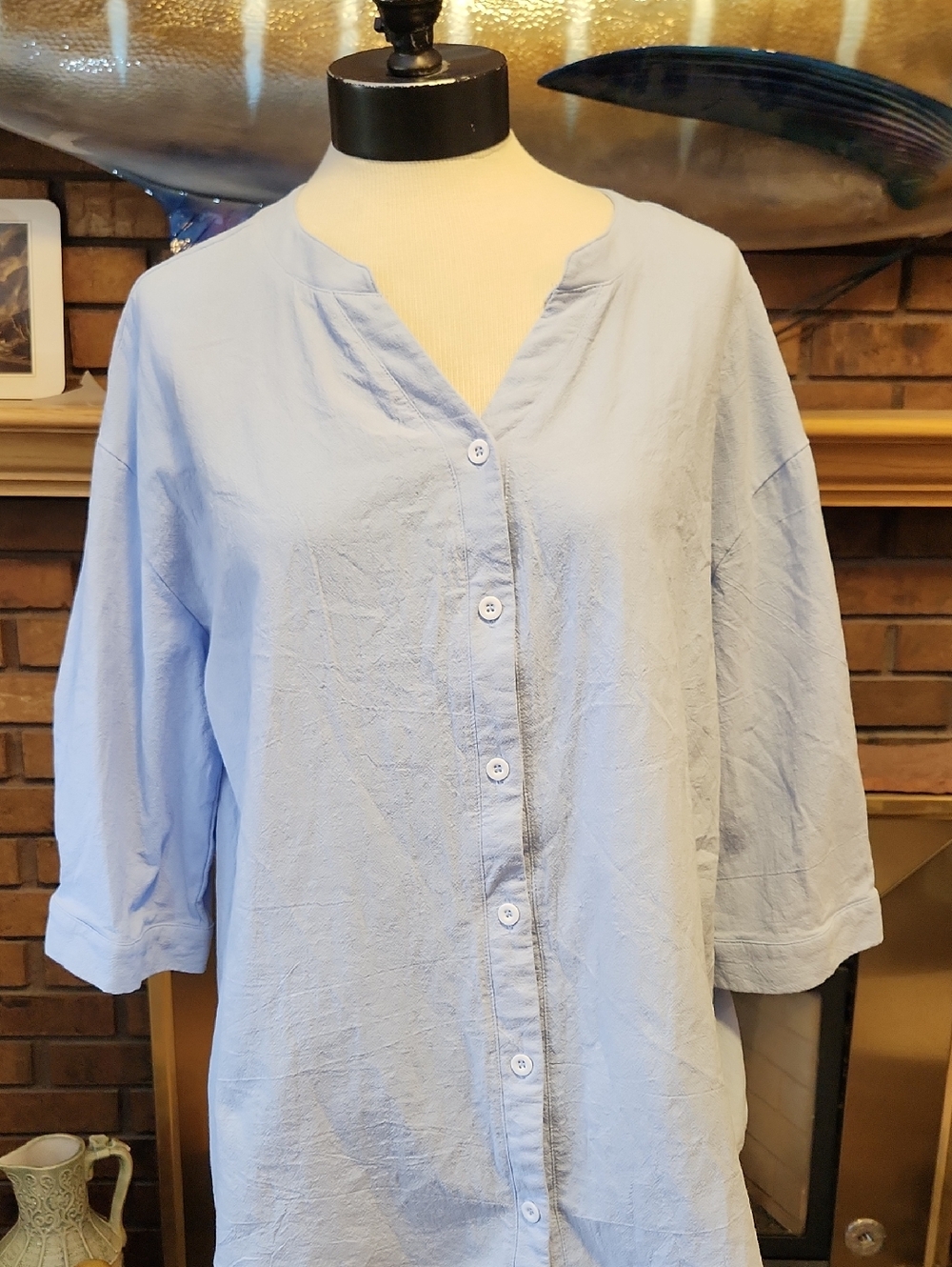 Light Blue V-Neck Button-Front Women's Linen Cotton Blend Top Size XL Lagenlook
